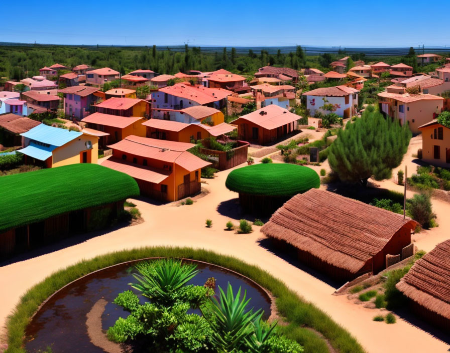 Vibrant housing development with green rooftops and scenic surroundings