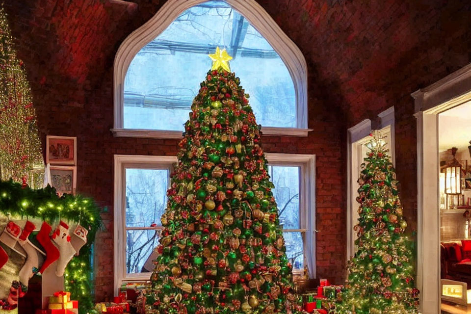 Festive Christmas tree in cozy room with stockings and gifts