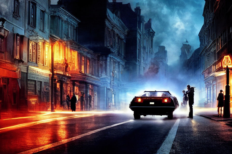 Classic Car in Misty Neon-Lit City Street at Dusk