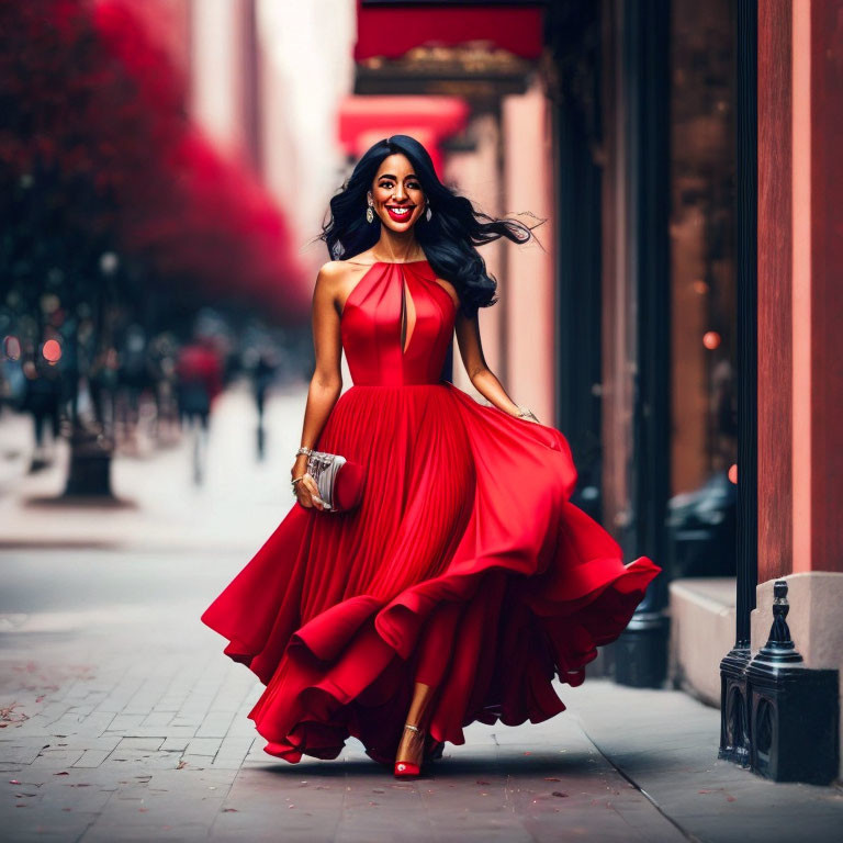 Woman in vibrant red dress and heels smiling on city street clutching purse