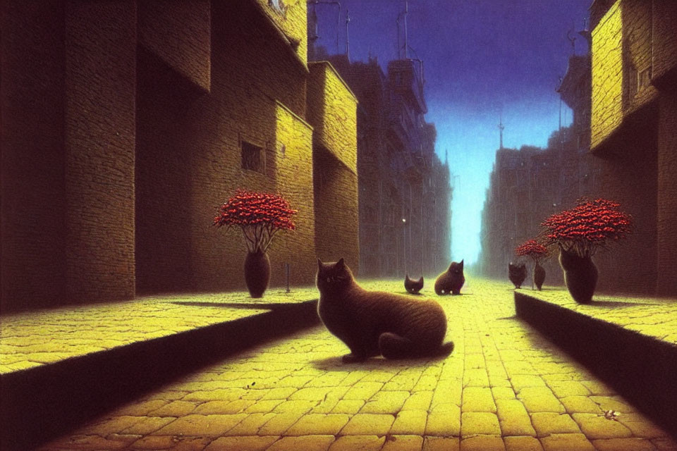 Tranquil streetscape at dusk with oversized cats and red-flowered trees