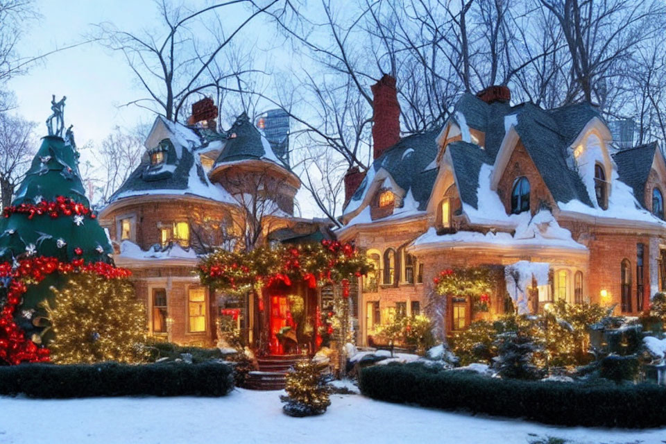 Victorian-style House Decorated with Christmas Lights in Snowy Twilight