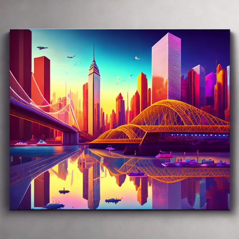 Futuristic cityscape digital artwork with skyscrapers and flying vehicles