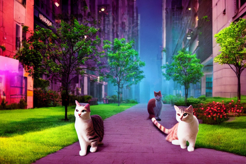 Colorful City Path with Three Cats and Neon-Lit Buildings