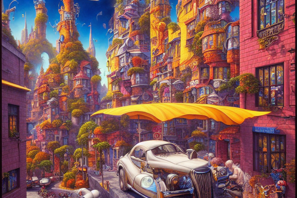 Colorful cityscape with towering buildings, old-fashioned car, and people at café