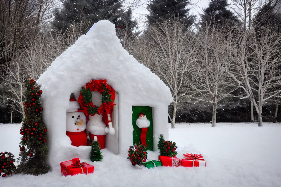 Snow-covered house decoration with wreath, snowman, gifts, and red accents in snowy outdoor scene