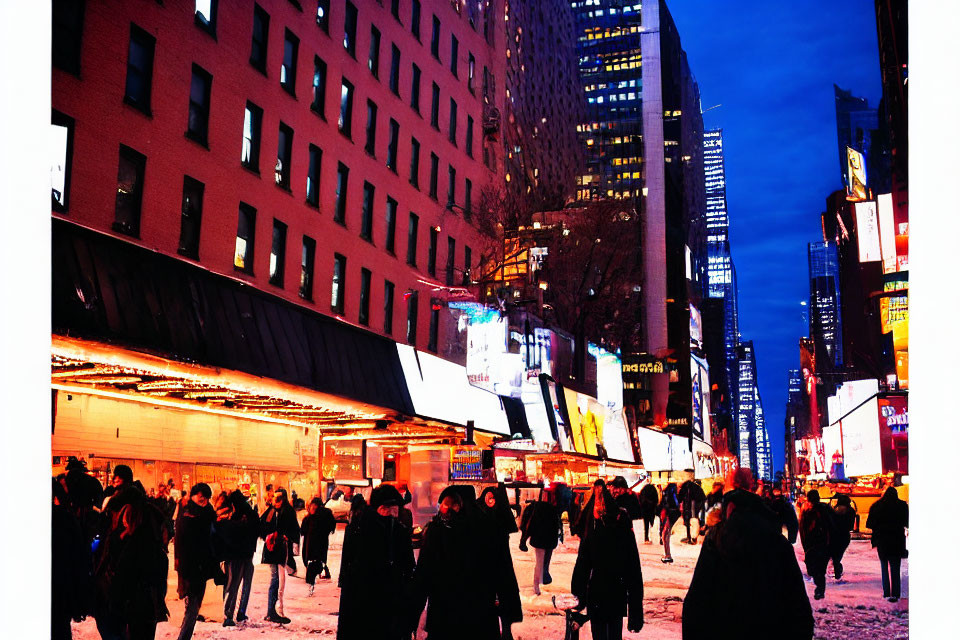 City Street at Night: Pedestrians, Billboards, Snow-Covered Sidewalk