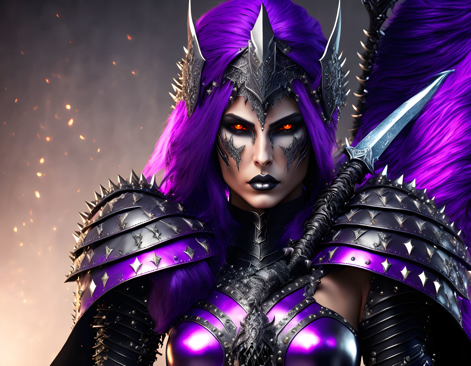 Digital artwork: Female character with purple hair, spiked helmet, red eyes, dark fantasy style