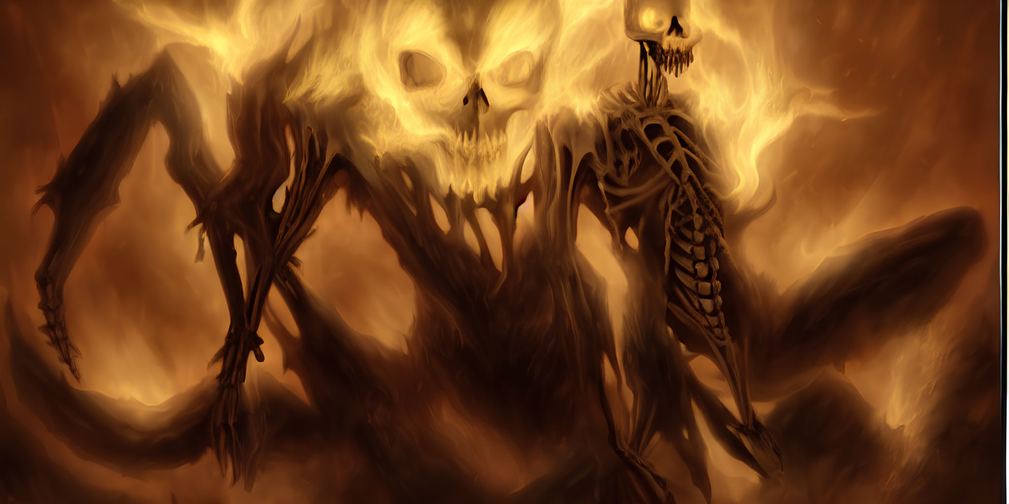 Skeletal figure with fiery wings and flaming skull backdrop