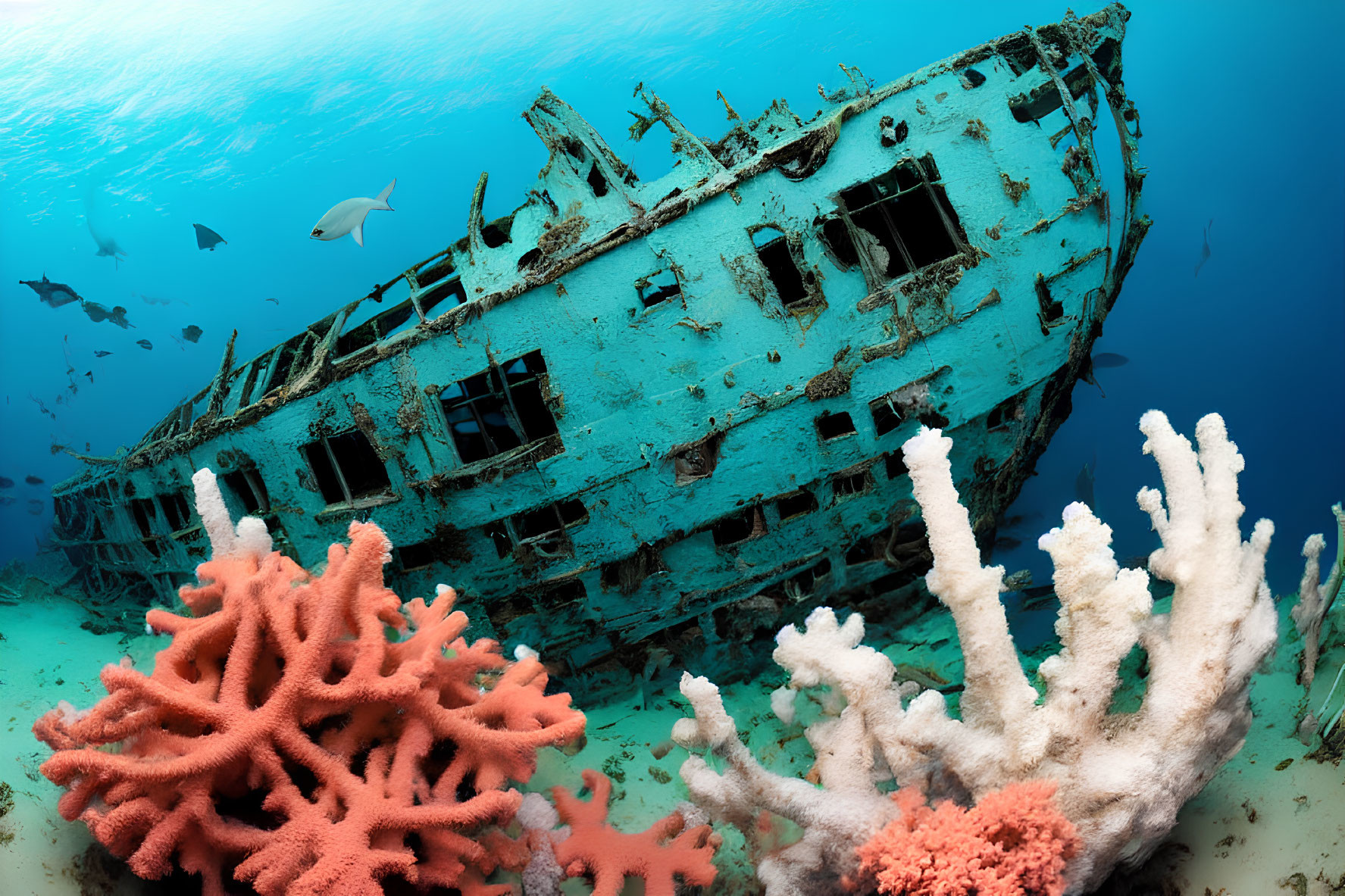 Sunken ship with coral growth and fish in gradient blue water