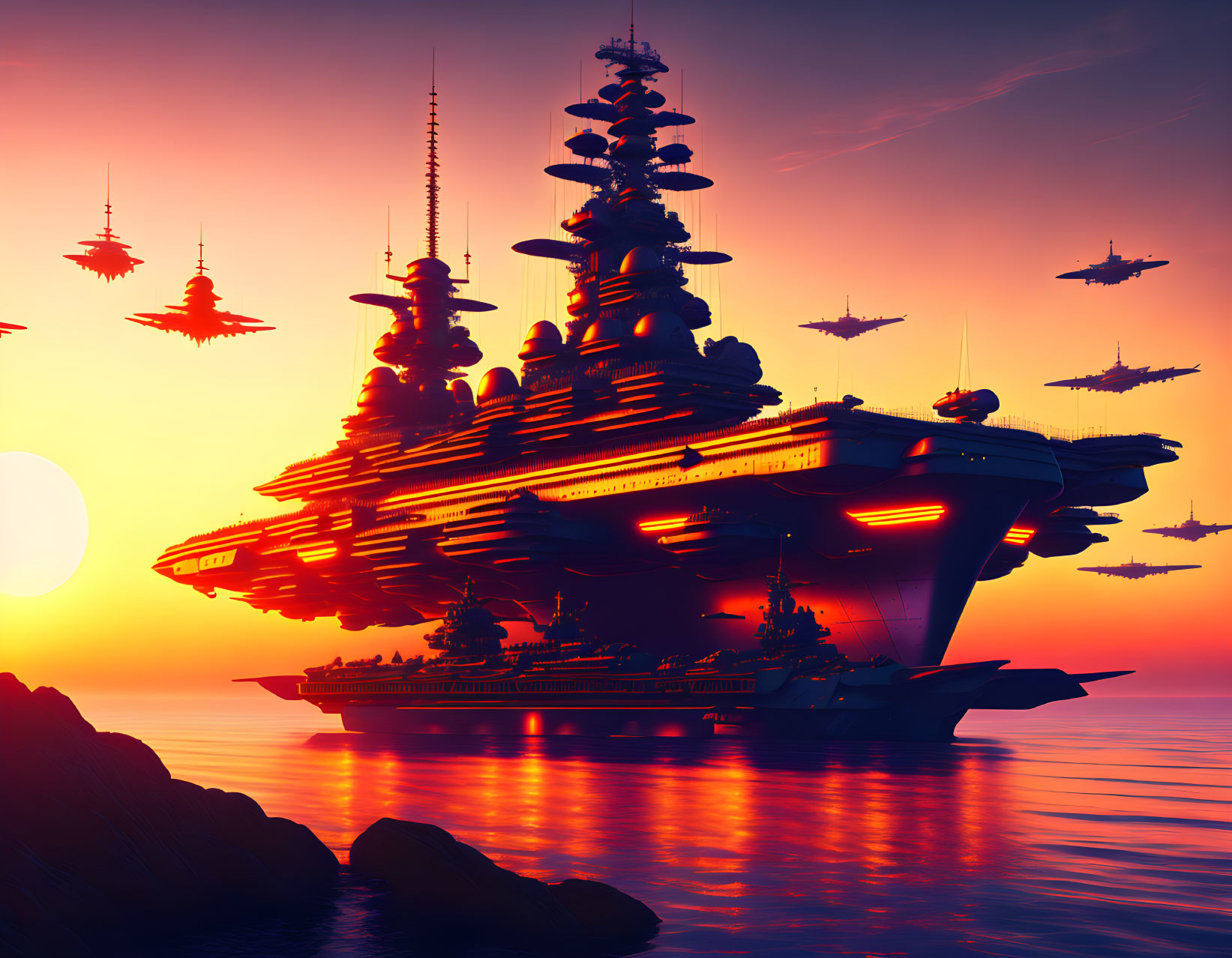 Futuristic battleships and smaller crafts in dramatic sunset scene