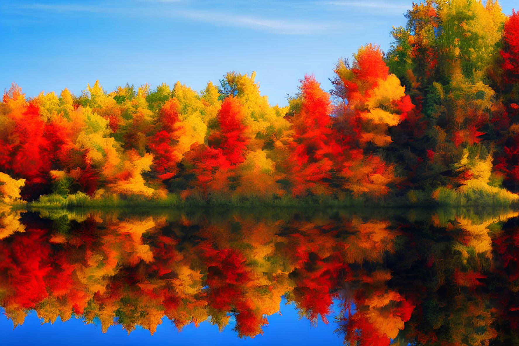 Autumn Foliage Reflecting in Calm Water with Red, Orange, and Yellow Tones