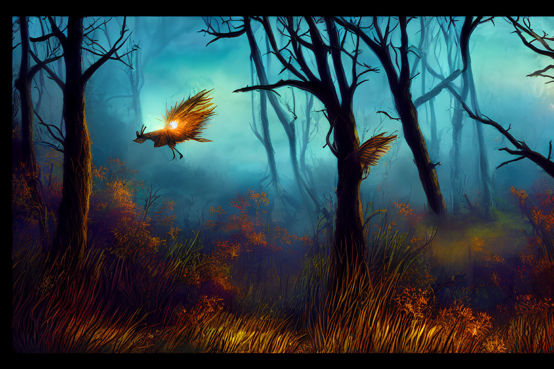 Mystical forest with twisted trees, glowing blue light, and owl-like creatures.