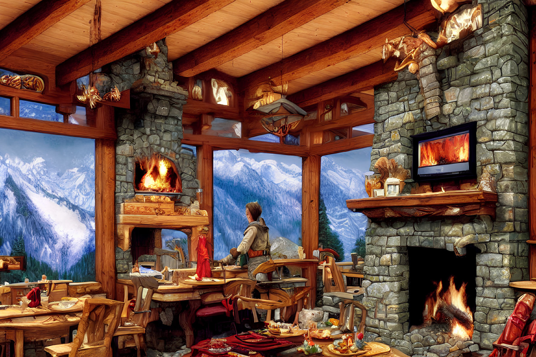 Mountain lodge interior with fireplace, wooden furniture, snowy views, and person.