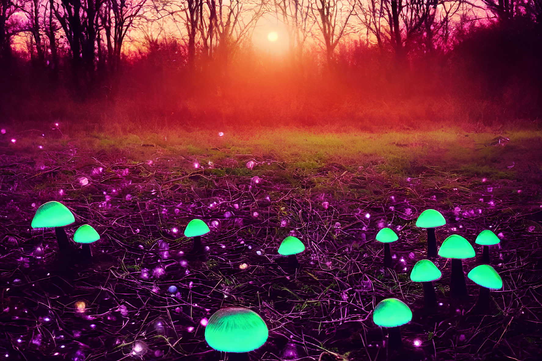 Twilight forest floor illuminated by bioluminescent mushrooms