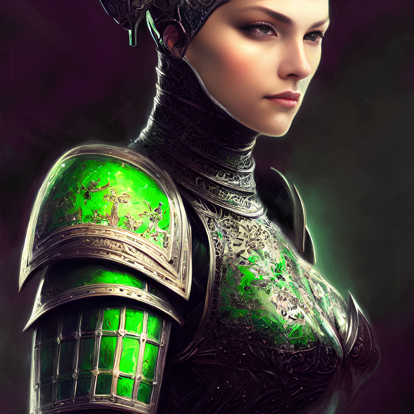 Digital painting of woman in ornate green armor with intense gaze