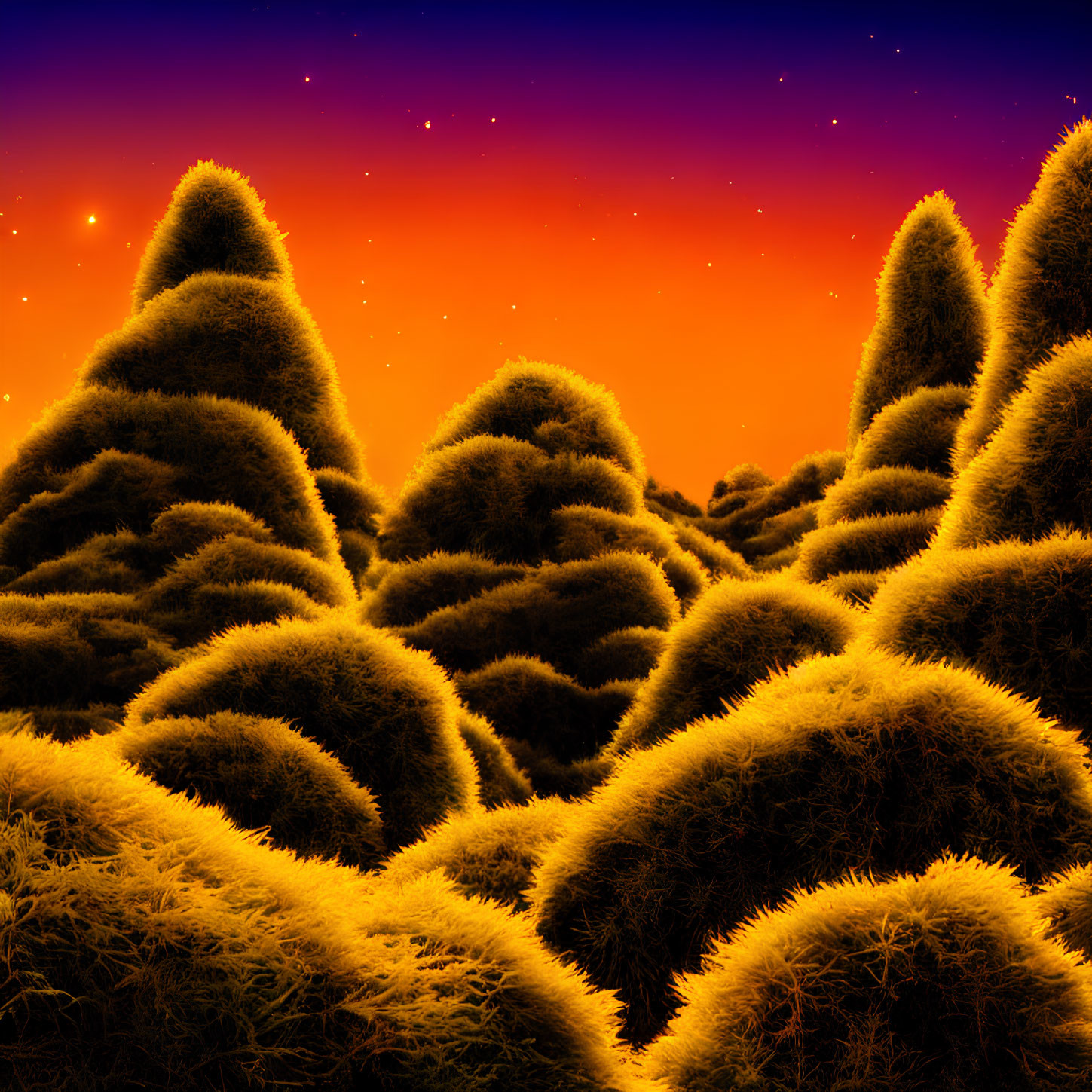 Starry Twilight Sky Over Moss-Covered Hills