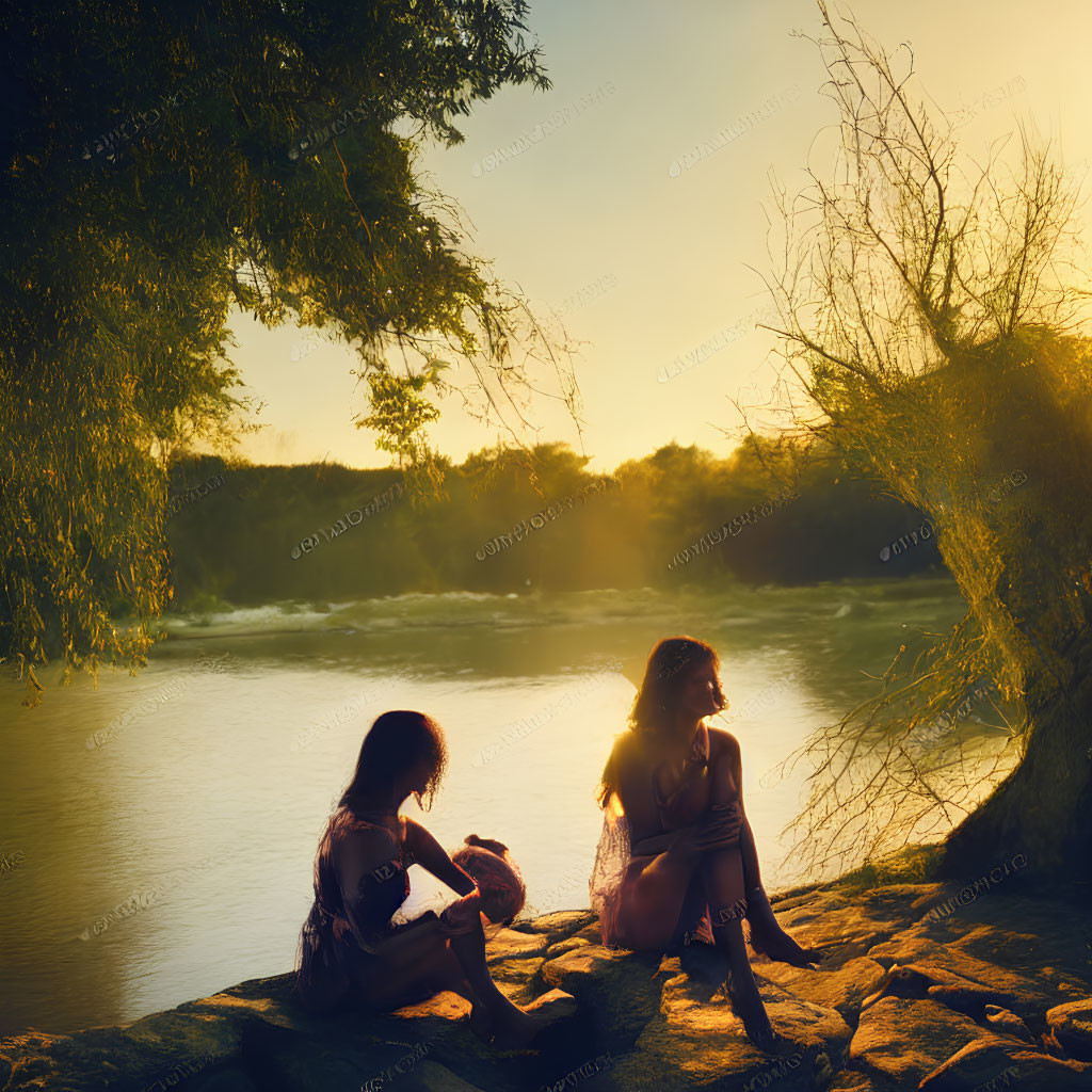 Sunset scene: Two people by river under tree, golden sunlight.