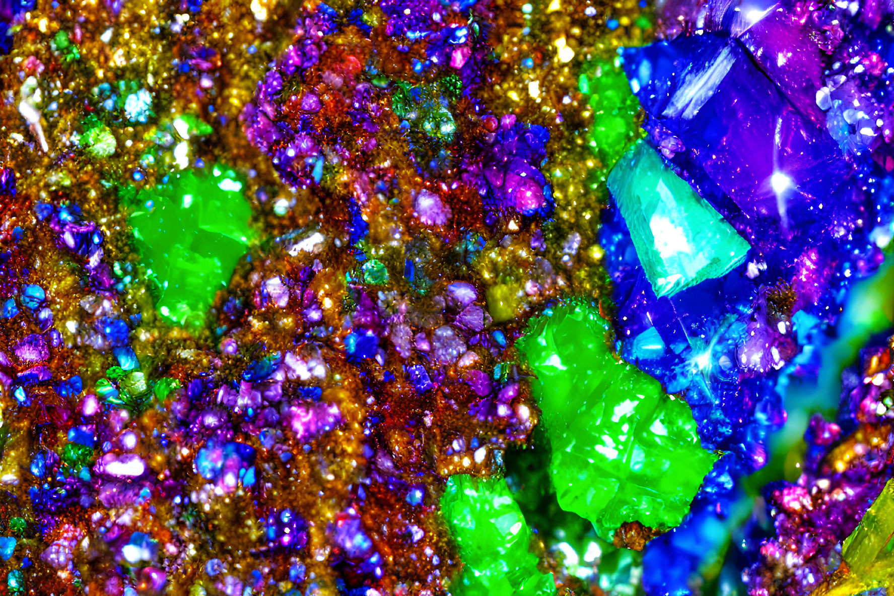 Colorful Close-Up of Sparkling Crystals in Green, Blue, Purple, and Gold