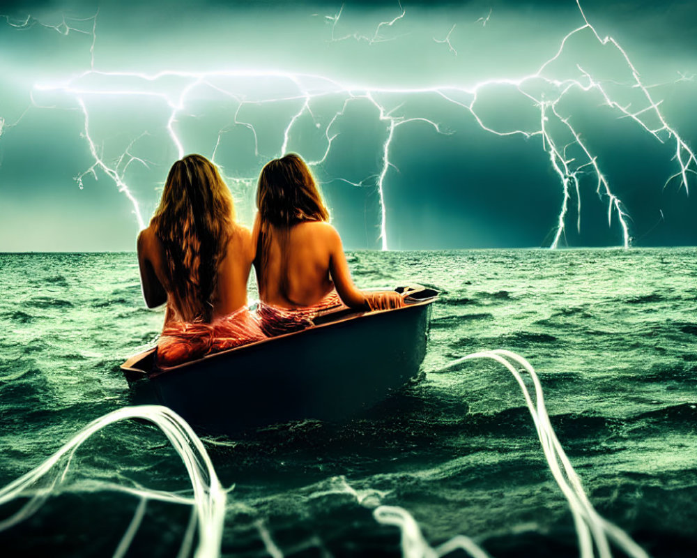 Two people in a boat on stormy sea with lightning bolts