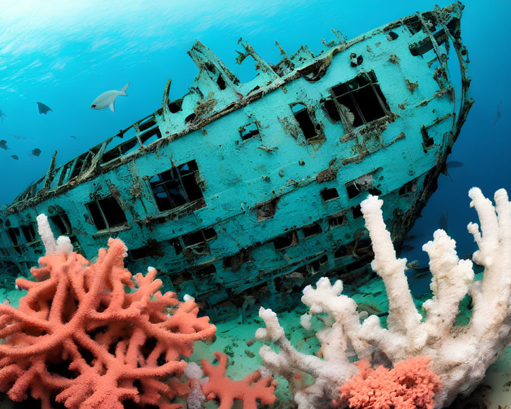 Sunken ship with coral growth and fish in gradient blue water