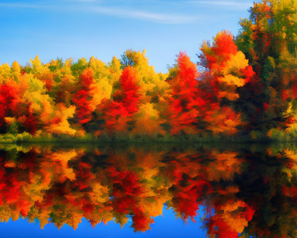 Autumn Foliage Reflecting in Calm Water with Red, Orange, and Yellow Tones