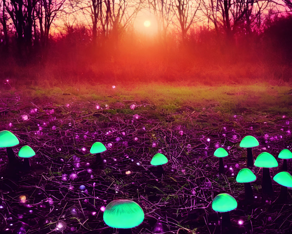 Twilight forest floor illuminated by bioluminescent mushrooms