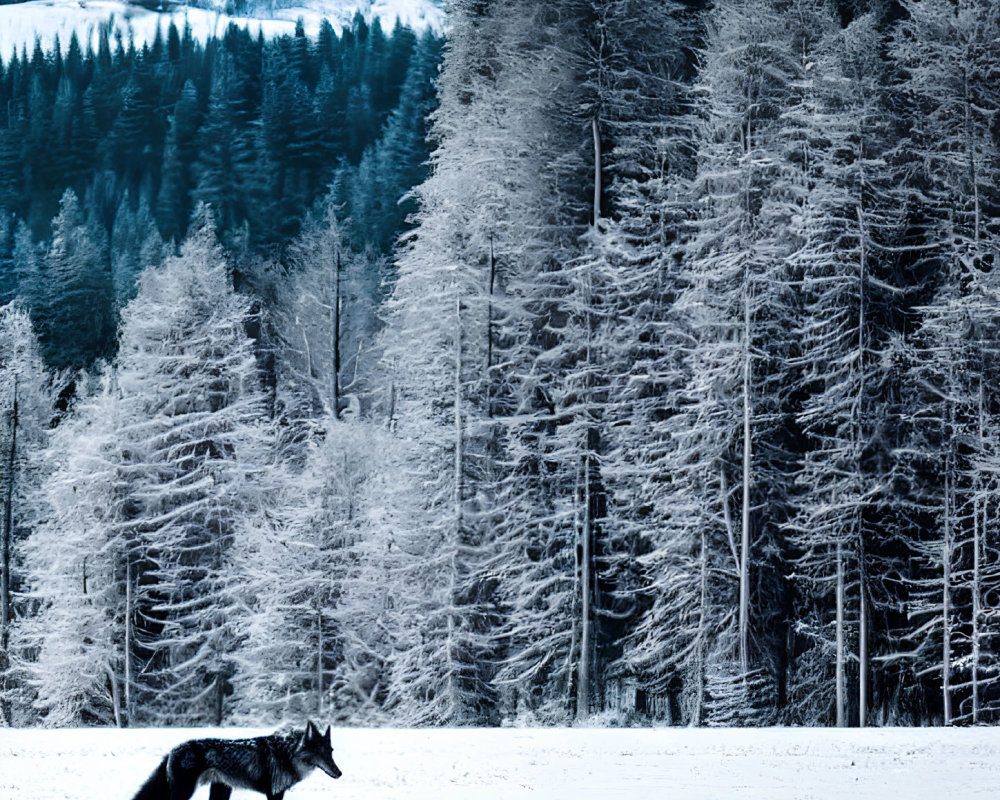 Snowy Landscape with Lone Wolf and Frosted Trees