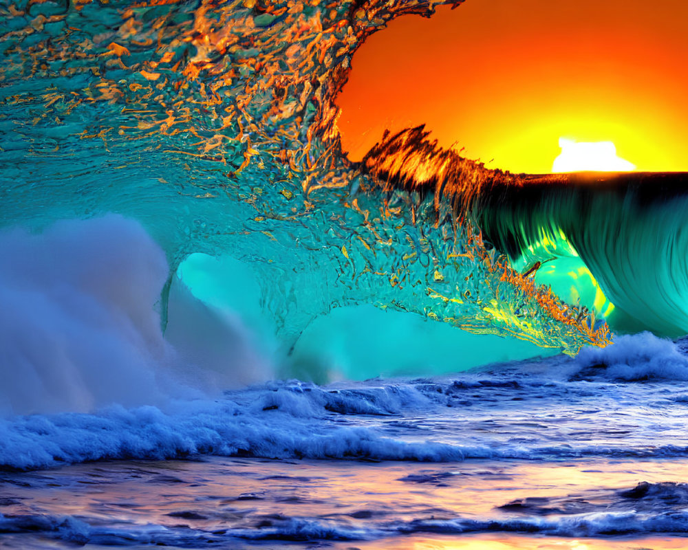 Colorful sunset wave curls against vibrant sky