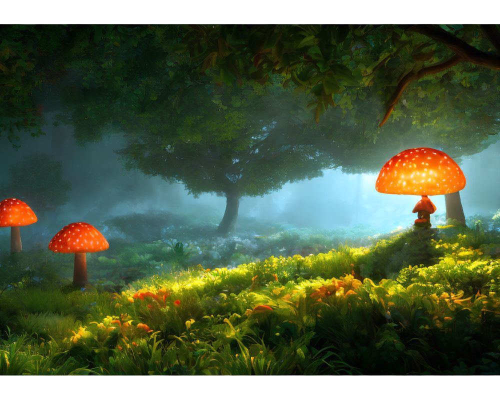 Ethereal enchanted forest glade with oversized red mushrooms and magical light.