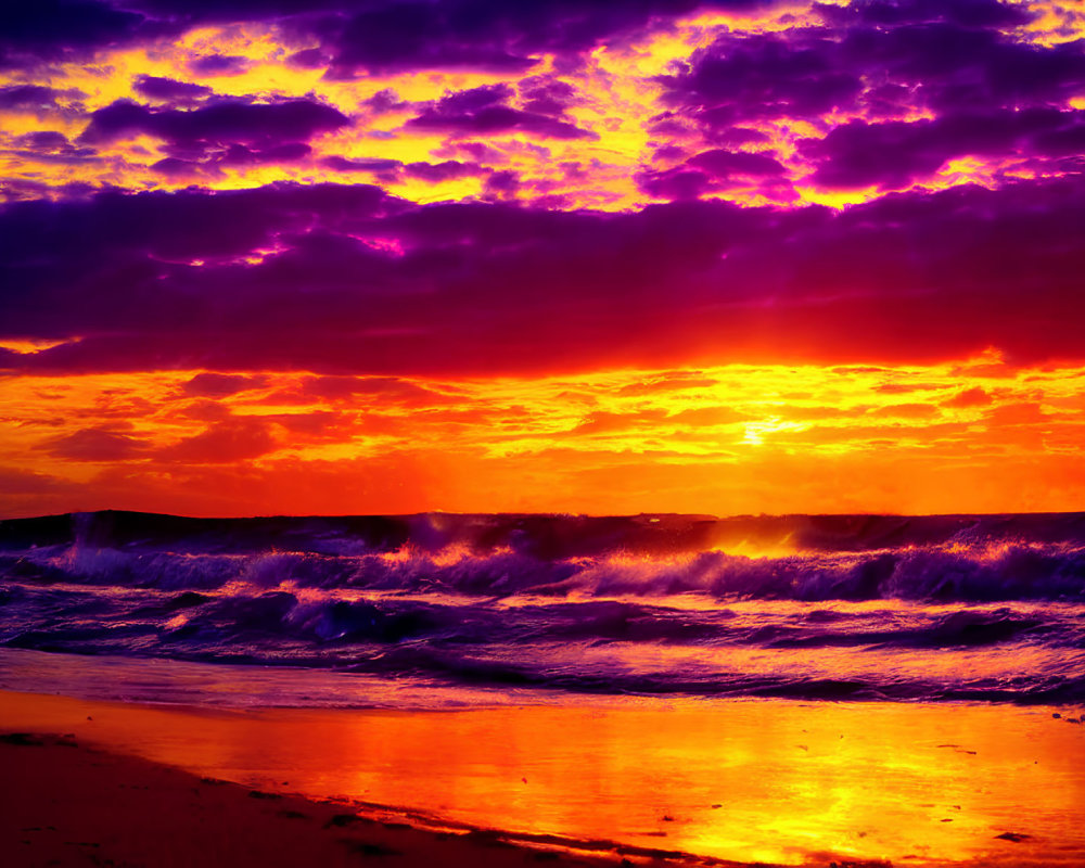 Intense purple and fiery orange sunset over ocean