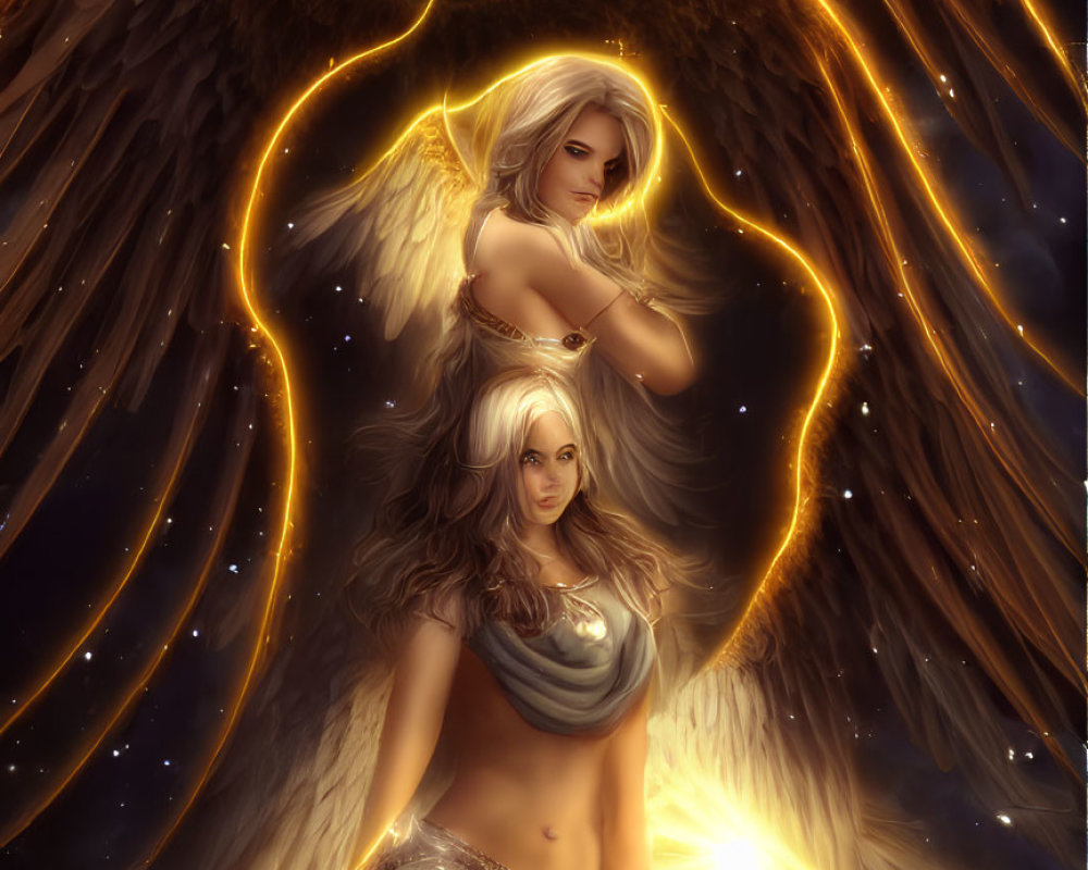 Celestial illustration of two angelic figures with glowing wings and halos