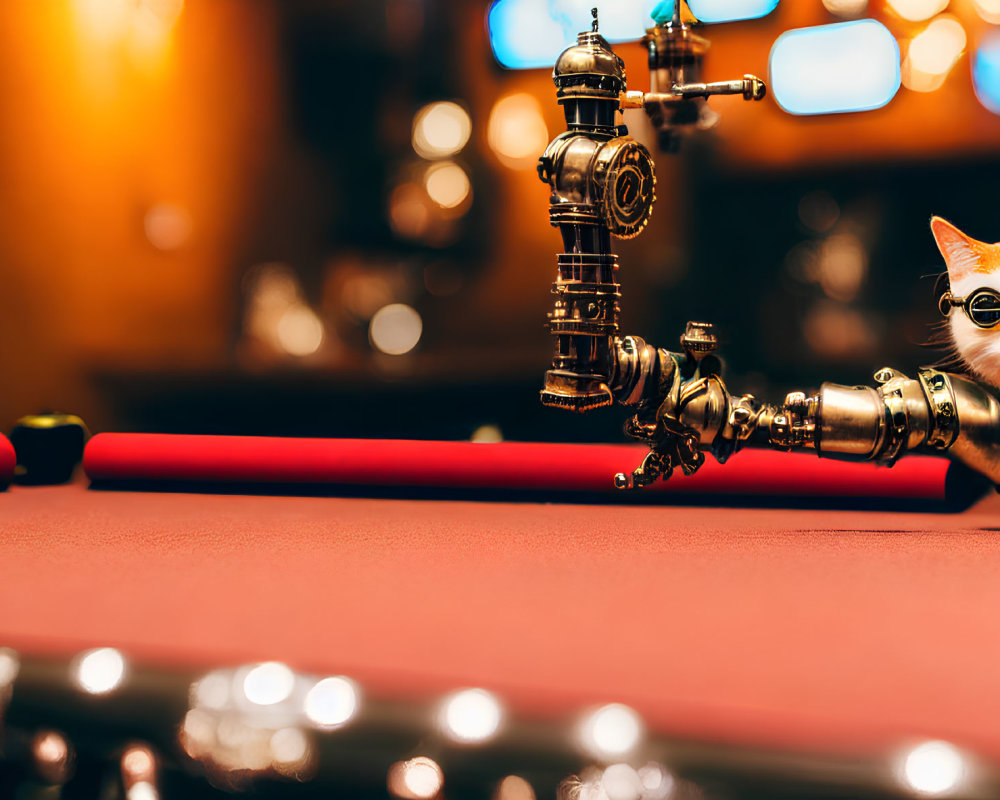 Steampunk-inspired robotic arm on red surface with casino background and cat figurine.