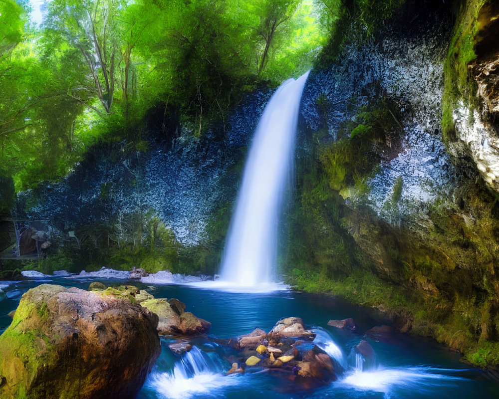 Tranquil Waterfall Scene with Moss-Covered Rocks