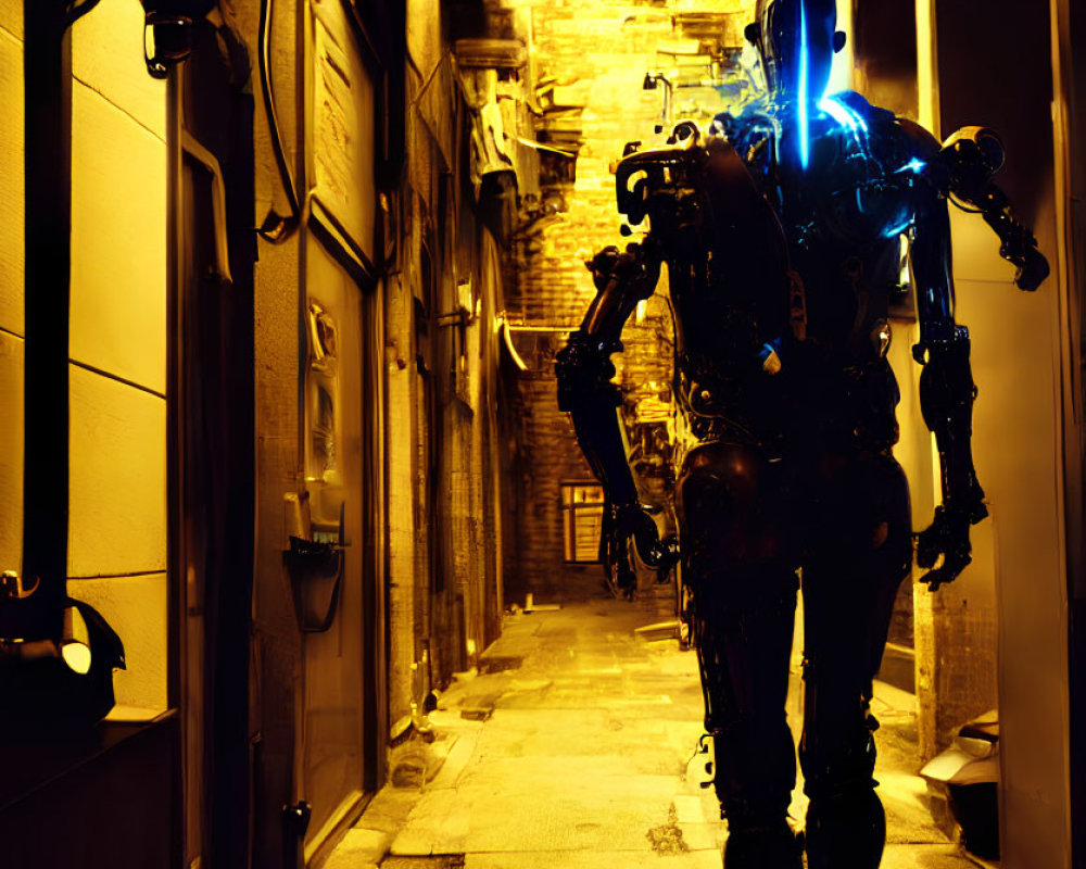 Futuristic robot with glowing blue lights in dark alleyway