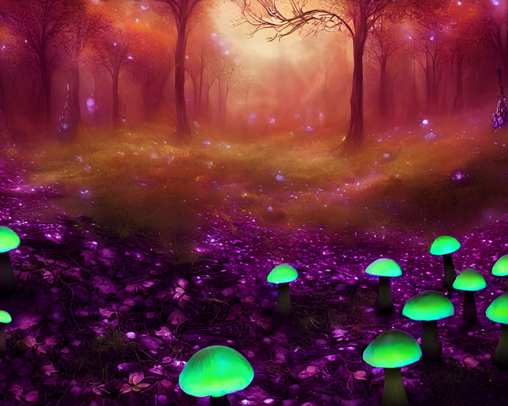 Enchanting purple forest with glowing mushrooms and sunset fog