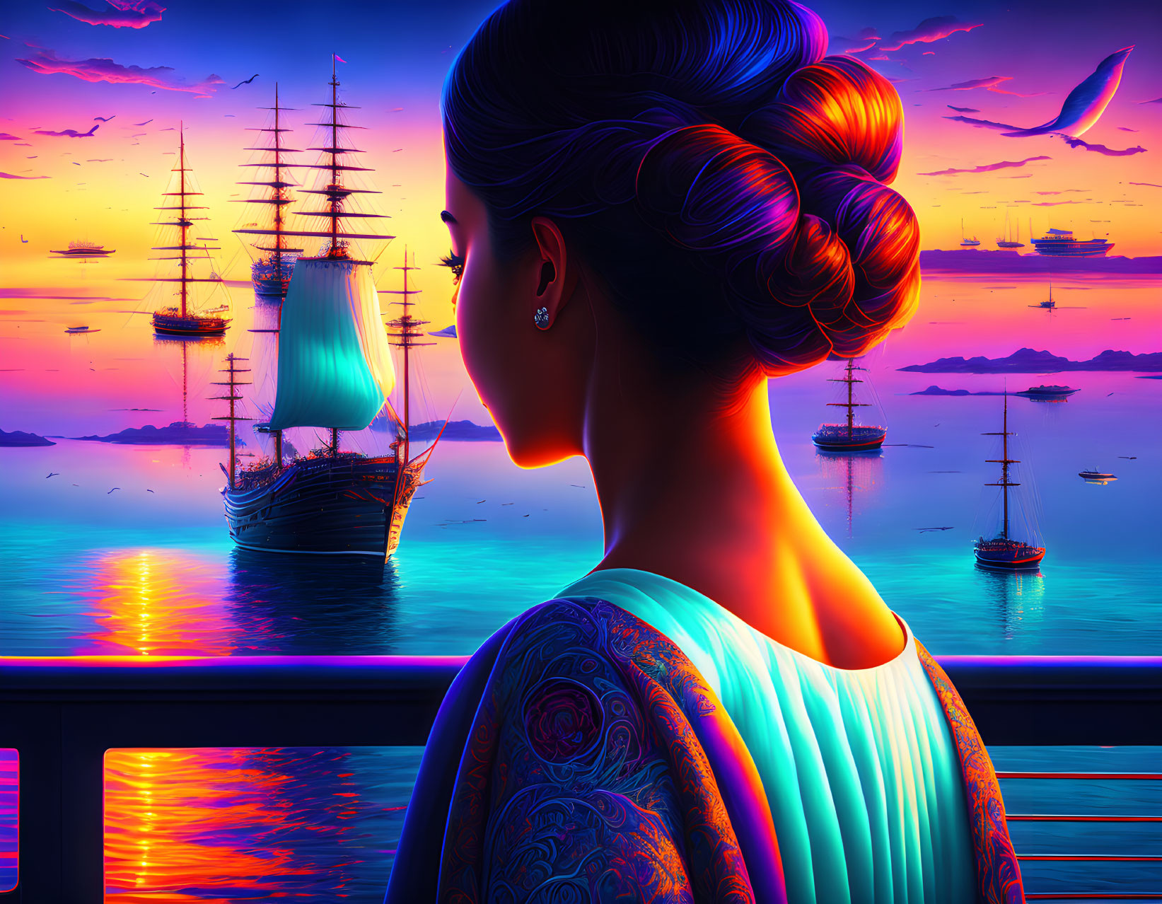 Woman with elaborate bun admires colorful sunset over sea with ships and bird in tranquil scene