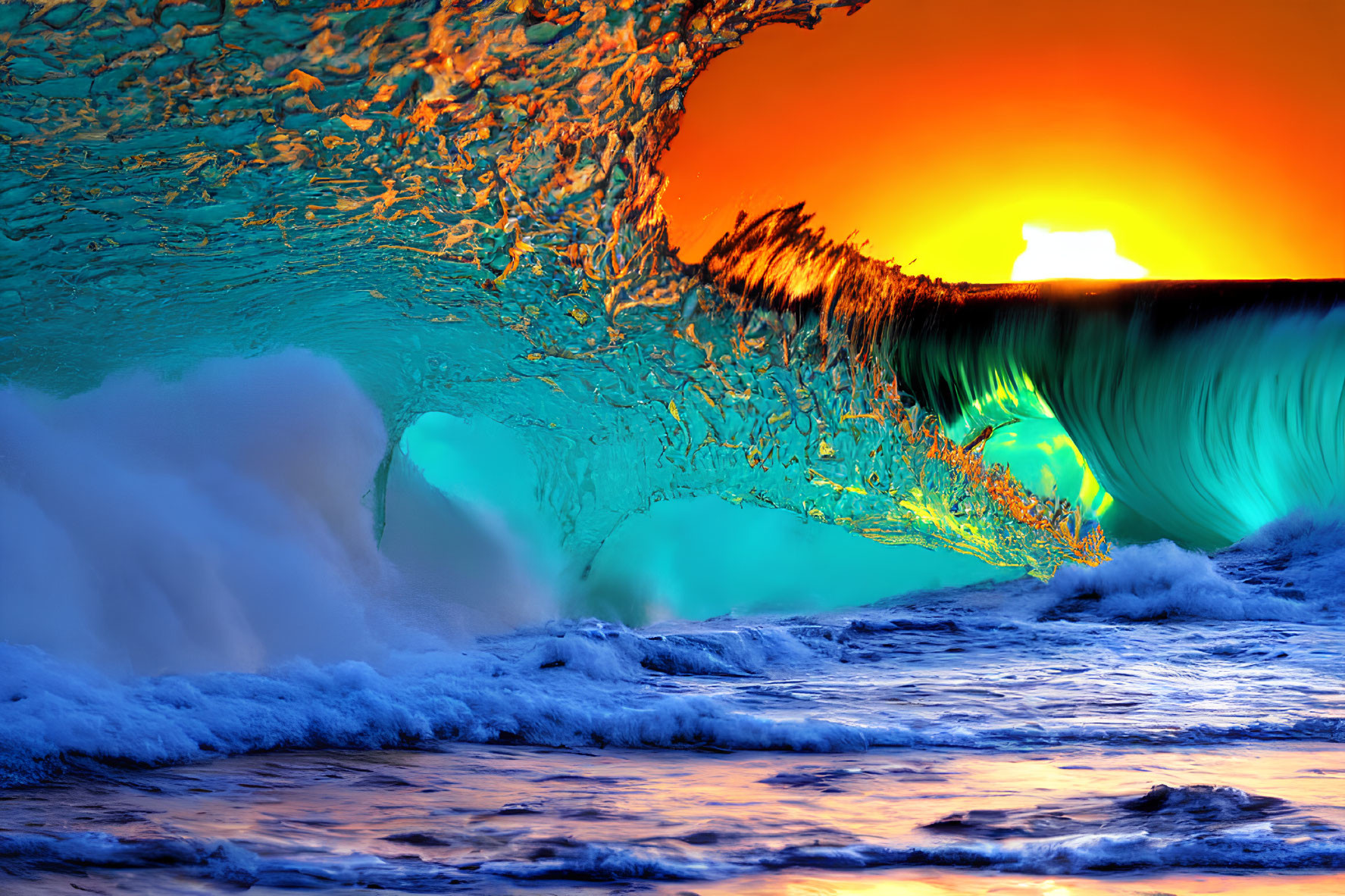 Colorful sunset wave curls against vibrant sky