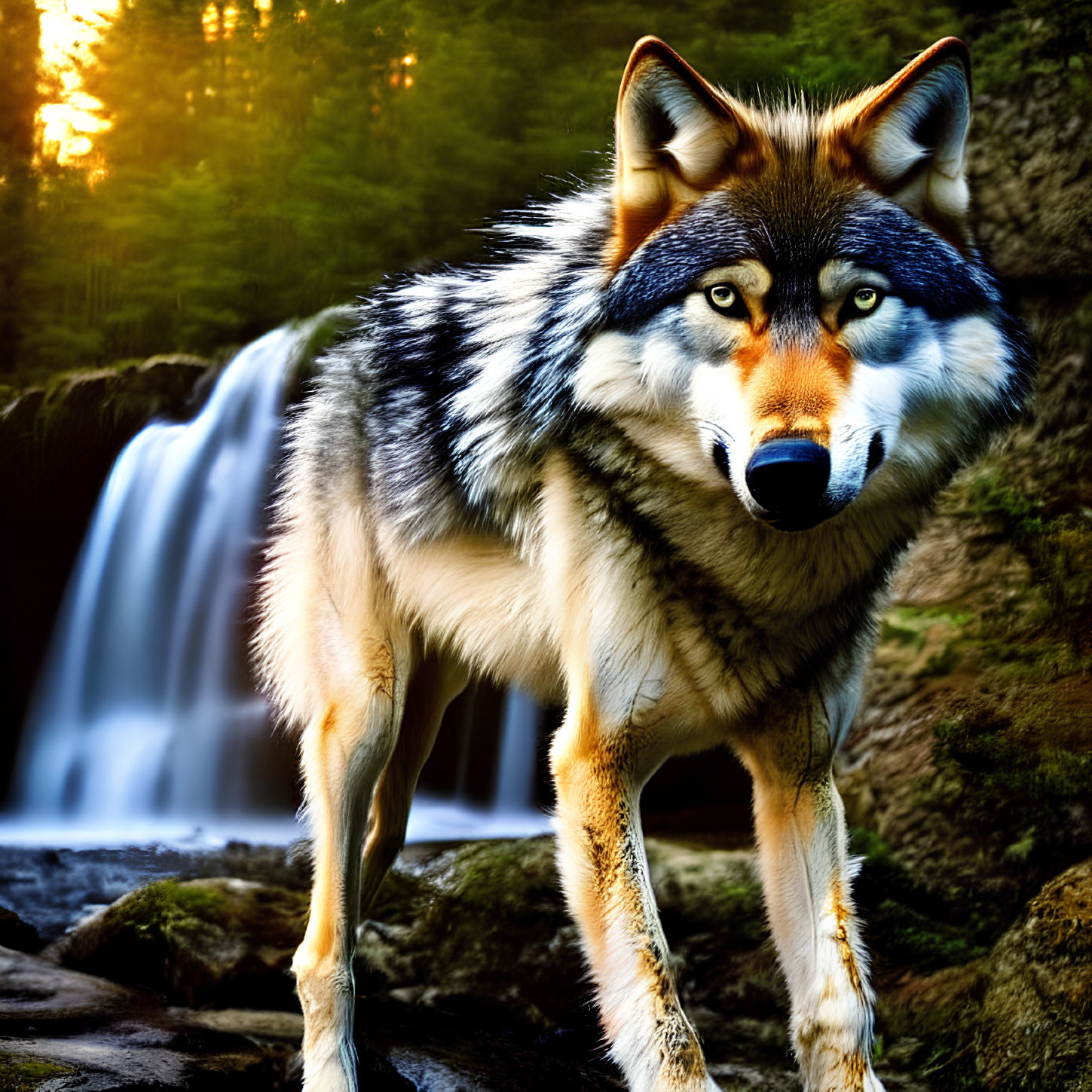 Vivid Photorealistic Wolf by Waterfall with Sunlight