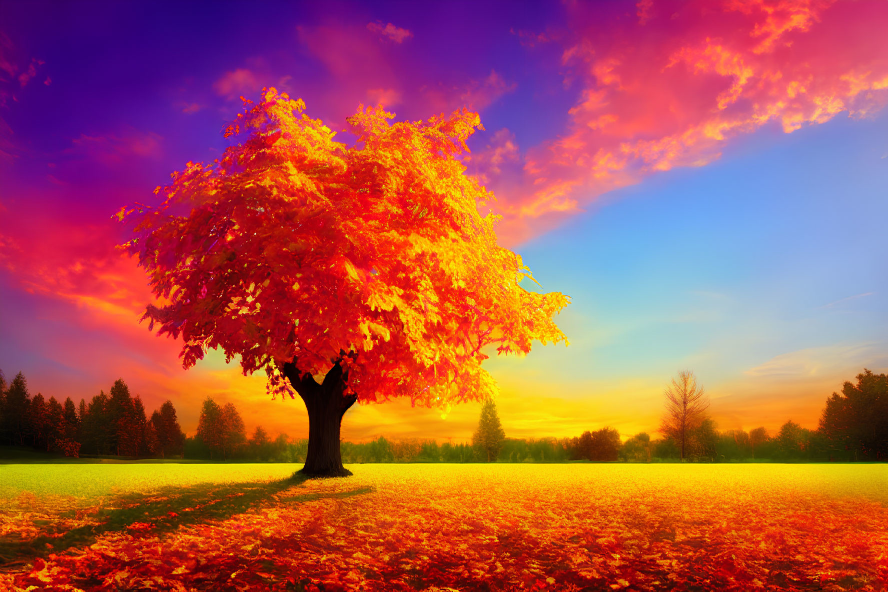 Solitary Tree with Orange Leaves in Colorful Autumn Sunset