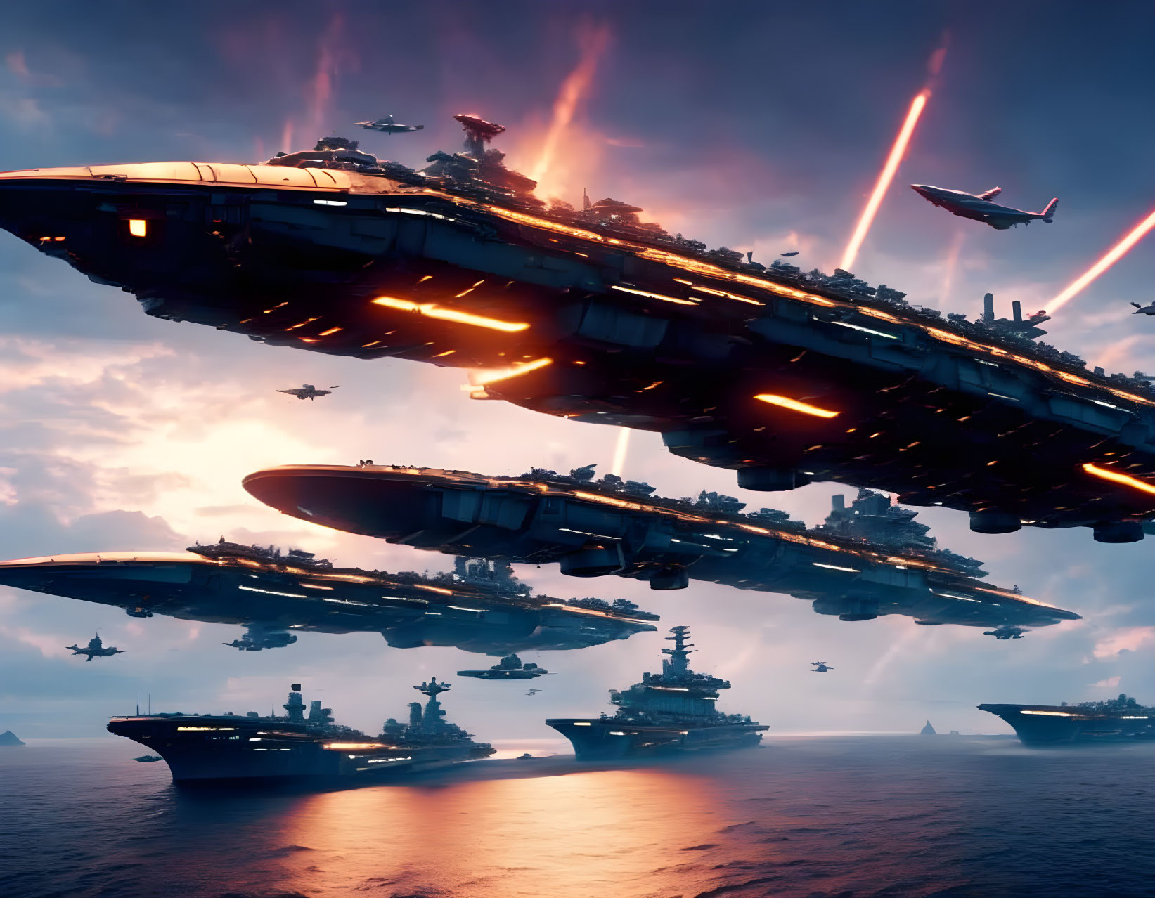 Aircraft and warships in futuristic ocean battle.