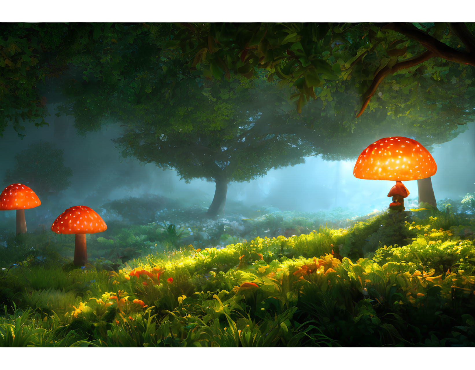 Ethereal enchanted forest glade with oversized red mushrooms and magical light.