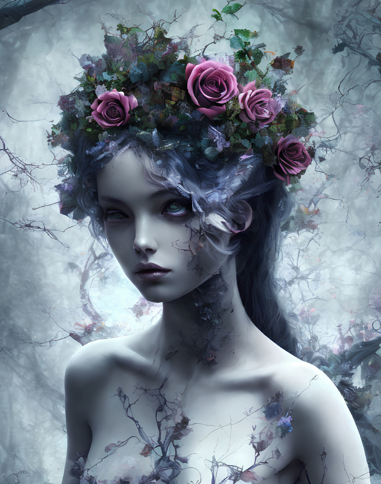 Blue-skinned woman with rose crown in mystical setting