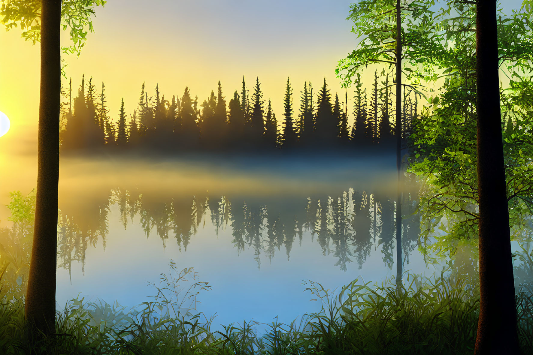 Tranquil lakeside sunrise with fog, forest reflection