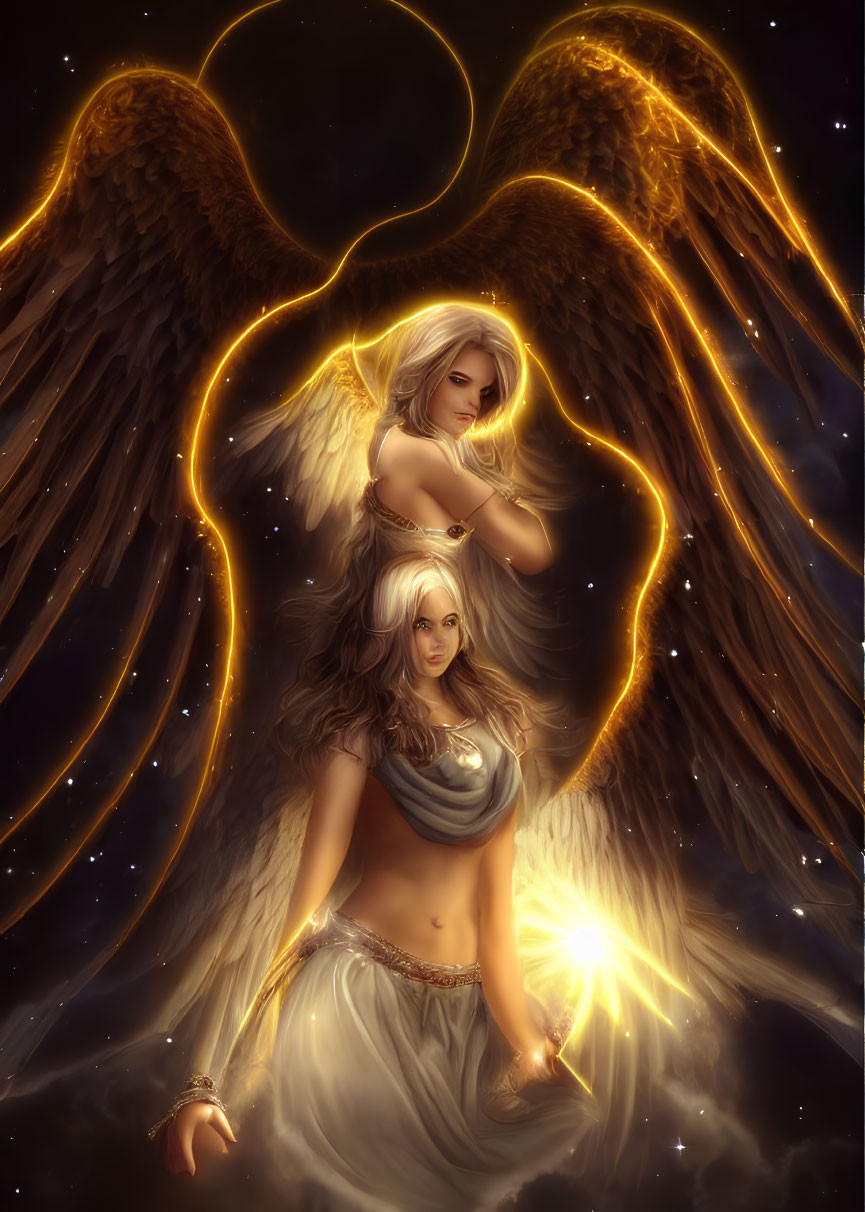 Celestial illustration of two angelic figures with glowing wings and halos