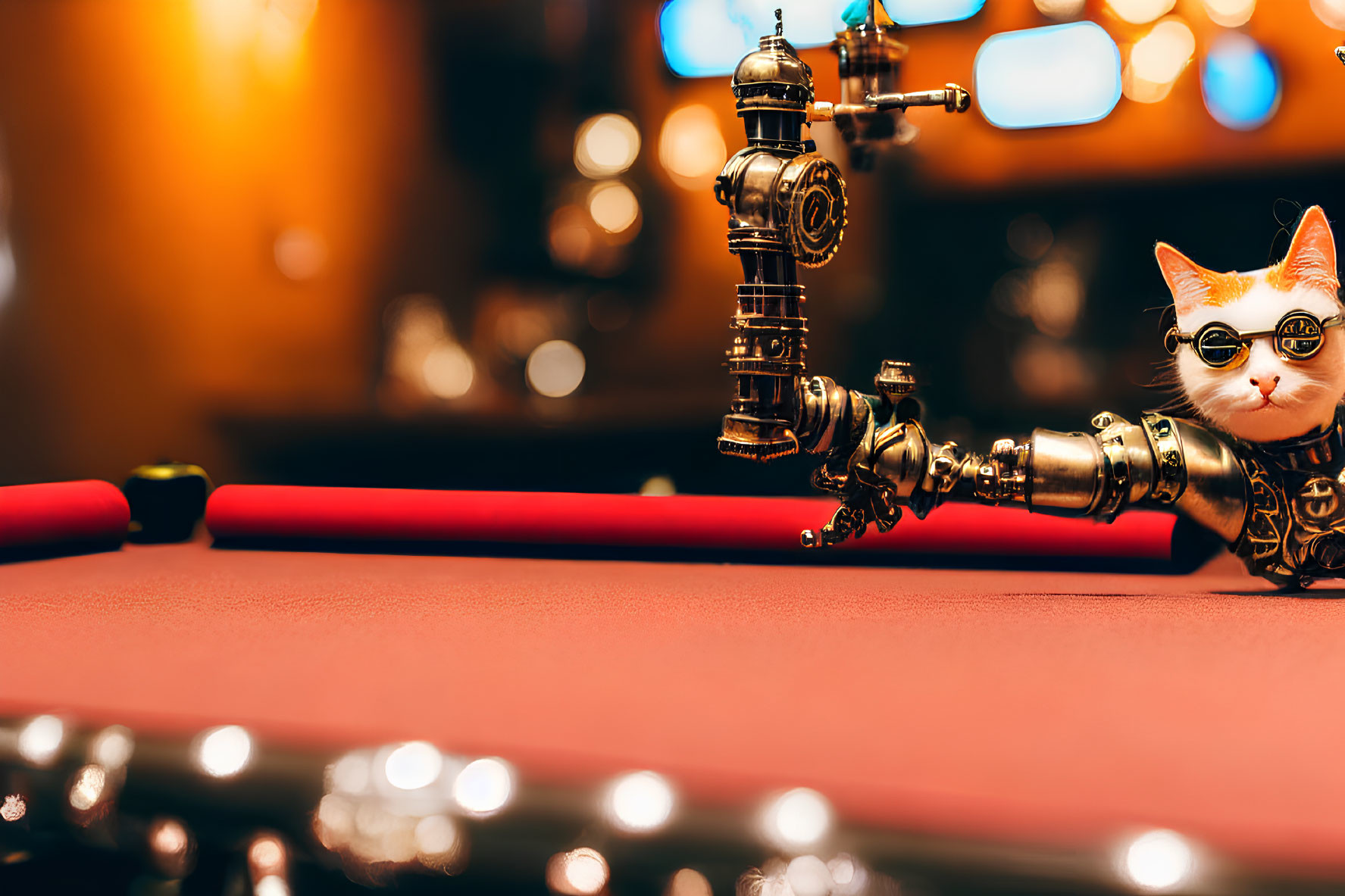 Steampunk-inspired robotic arm on red surface with casino background and cat figurine.