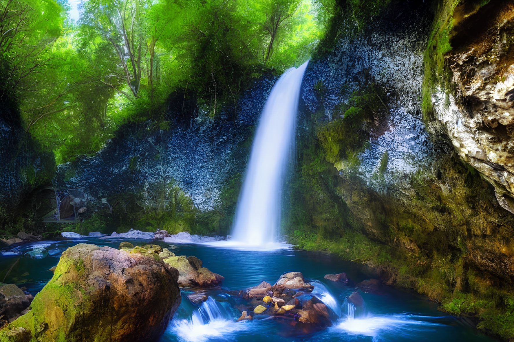 Tranquil Waterfall Scene with Moss-Covered Rocks