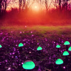 Enchanting purple forest with glowing mushrooms and sunset fog