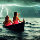 Two people in a boat on stormy sea with lightning bolts