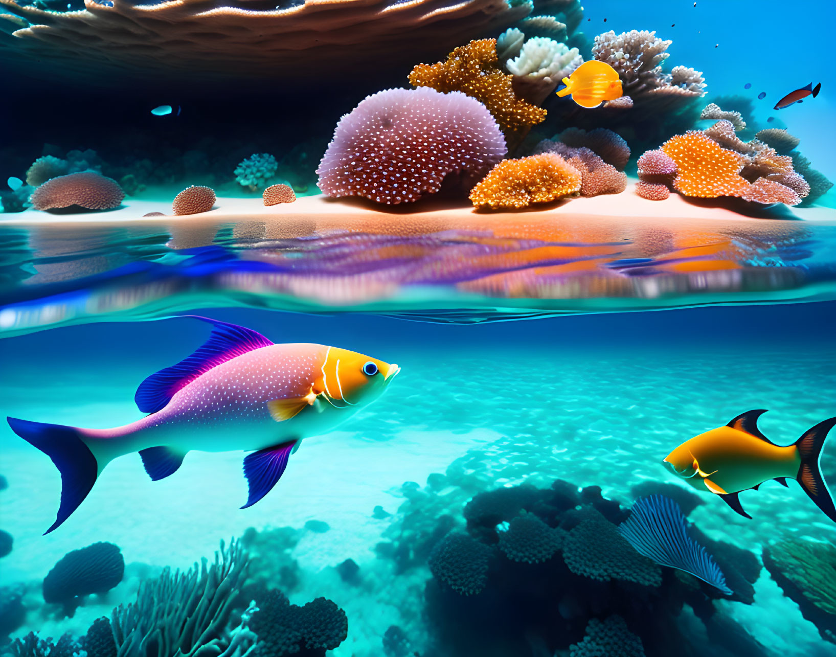 Colorful fishes and coral reefs in clear blue water with boat silhouette above